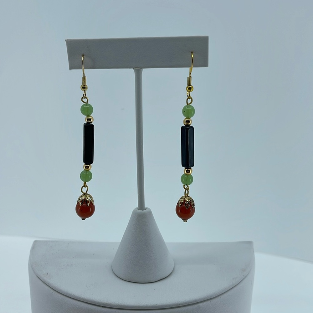 Vintage Pendant earrings in jade, 14k gold beads, carnelian and black onyx. 3"